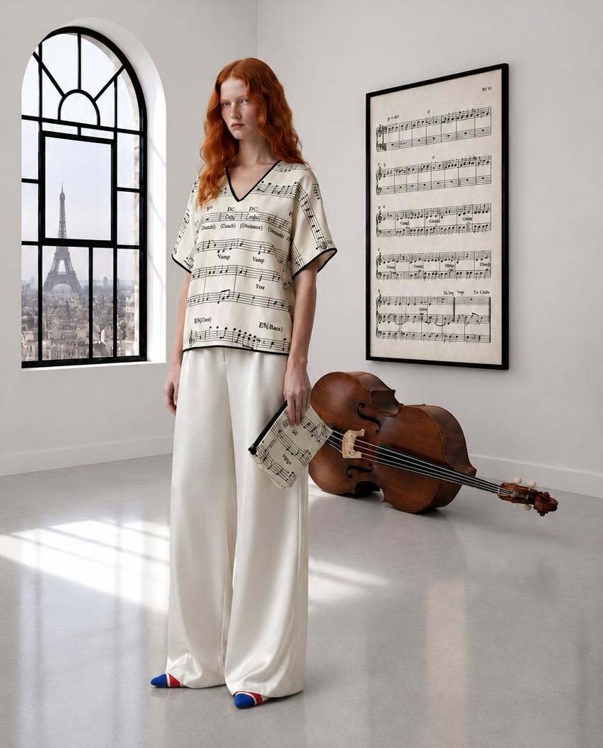BALILTY model wearing the music score look in the Paris studio